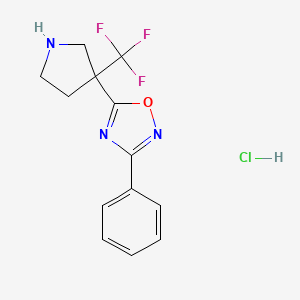molecular formula C13H13ClF3N3O B2699394 3-苯基-5-[3-(三氟甲基)吡咯啉-3-基]-1,2,4-噁二唑盐酸盐 CAS No. 2060040-00-6
