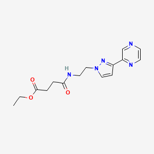 molecular formula C15H19N5O3 B2699407 乙酸 4-氧代-4-((2-(3-(吡嗪-2-基)-1H-吡唑-1-基)乙基)氨基)丁酸酯 CAS No. 2034504-84-0