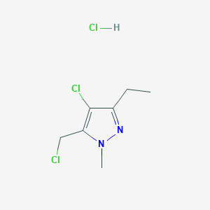 molecular formula C7H11Cl3N2 B2699409 4-Chloro-5-(chloromethyl)-3-ethyl-1-methylpyrazole;hydrochloride CAS No. 2551120-71-7