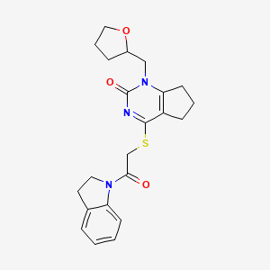 molecular formula C22H25N3O3S B2699532 4-((2-(indolin-1-yl)-2-oxoethyl)thio)-1-((tetrahydrofuran-2-yl)methyl)-6,7-dihydro-1H-cyclopenta[d]pyrimidin-2(5H)-one CAS No. 899756-30-0