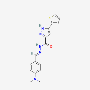 molecular formula C18H19N5OS B2699568 (E)-N'-(4-(dimethylamino)benzylidene)-3-(5-methylthiophen-2-yl)-1H-pyrazole-5-carbohydrazide CAS No. 1285535-76-3