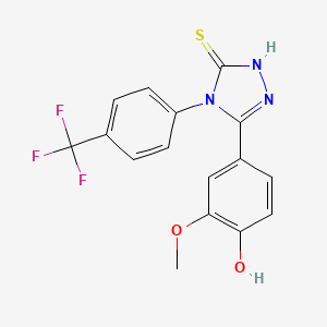 molecular formula C16H12F3N3O2S B2699656 3-(4-Hydroxy-3-methoxyphenyl)-4-(4-(trifluoromethyl)phenyl)-1,2,4-triazoline-5-thione, 95% CAS No. 1797904-59-6