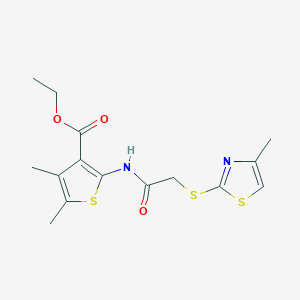molecular formula C15H18N2O3S3 B269966 Ethyl 4,5-dimethyl-2-({[(4-methyl-1,3-thiazol-2-yl)sulfanyl]acetyl}amino)-3-thiophenecarboxylate 