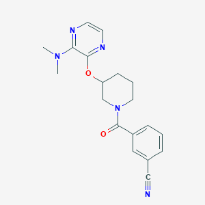 molecular formula C19H21N5O2 B2699704 3-(3-((3-(Dimethylamino)pyrazin-2-yl)oxy)piperidine-1-carbonyl)benzonitrile CAS No. 2034582-26-6
