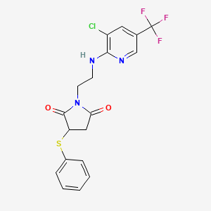 molecular formula C18H15ClF3N3O2S B2699729 1-(2-{[3-chloro-5-(trifluoromethyl)-2-pyridinyl]amino}ethyl)-3-(phenylsulfanyl)dihydro-1H-pyrrole-2,5-dione CAS No. 338422-36-9