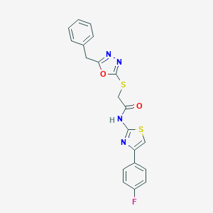 molecular formula C20H15FN4O2S2 B269976 2-[(5-benzyl-1,3,4-oxadiazol-2-yl)sulfanyl]-N-[4-(4-fluorophenyl)-1,3-thiazol-2-yl]acetamide 