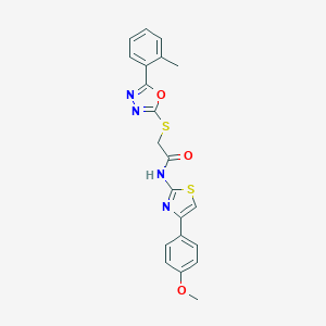 molecular formula C21H18N4O3S2 B269977 N-[4-(4-methoxyphenyl)-1,3-thiazol-2-yl]-2-{[5-(2-methylphenyl)-1,3,4-oxadiazol-2-yl]sulfanyl}acetamide 