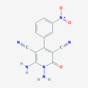 molecular formula C13H8N6O3 B2699775 1,6-Diamino-4-(3-nitrophenyl)-2-oxo-1,2-dihydropyridine-3,5-dicarbonitrile CAS No. 412965-16-3