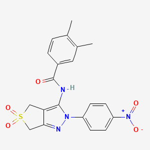 molecular formula C20H18N4O5S B2699779 3,4-dimethyl-N-(2-(4-nitrophenyl)-5,5-dioxido-4,6-dihydro-2H-thieno[3,4-c]pyrazol-3-yl)benzamide CAS No. 450336-39-7