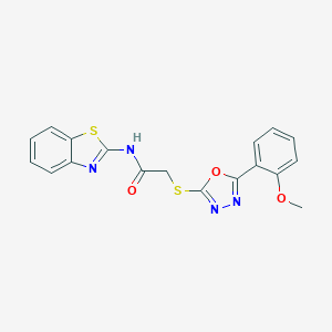 molecular formula C18H14N4O3S2 B269978 N-(1,3-benzothiazol-2-yl)-2-{[5-(2-methoxyphenyl)-1,3,4-oxadiazol-2-yl]sulfanyl}acetamide 