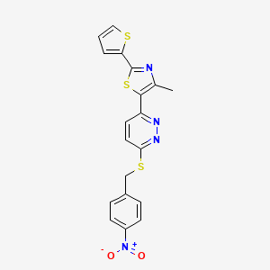 molecular formula C19H14N4O2S3 B2699821 4-Methyl-5-(6-((4-nitrobenzyl)thio)pyridazin-3-yl)-2-(thiophen-2-yl)thiazole CAS No. 923201-75-6