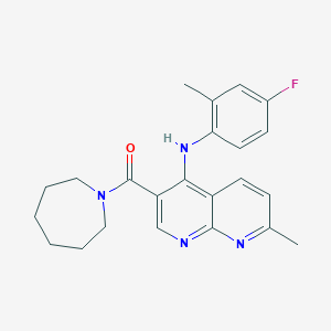 molecular formula C23H25FN4O B2699824 3-(azepan-1-ylcarbonyl)-N-(4-fluoro-2-methylphenyl)-7-methyl-1,8-naphthyridin-4-amine CAS No. 1251689-95-8