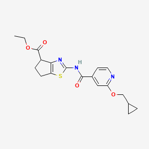 molecular formula C19H21N3O4S B2699826 ethyl 2-(2-(cyclopropylmethoxy)isonicotinamido)-5,6-dihydro-4H-cyclopenta[d]thiazole-4-carboxylate CAS No. 2034244-82-9