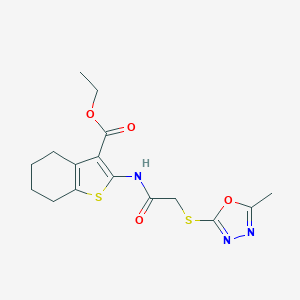 molecular formula C16H19N3O4S2 B269983 Ethyl 2-({[(5-methyl-1,3,4-oxadiazol-2-yl)sulfanyl]acetyl}amino)-4,5,6,7-tetrahydro-1-benzothiophene-3-carboxylate 