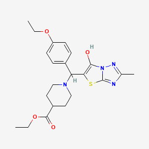 molecular formula C22H28N4O4S B2699845 Ethyl 1-((4-ethoxyphenyl)(6-hydroxy-2-methylthiazolo[3,2-b][1,2,4]triazol-5-yl)methyl)piperidine-4-carboxylate CAS No. 869343-05-5