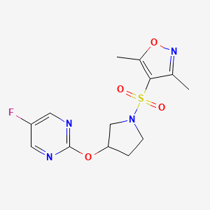 molecular formula C13H15FN4O4S B2699868 4-((3-((5-Fluoropyrimidin-2-yl)oxy)pyrrolidin-1-yl)sulfonyl)-3,5-dimethylisoxazole CAS No. 2034246-48-3