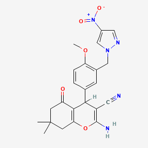molecular formula C23H23N5O5 B2699888 2-amino-4-[4-methoxy-3-[(4-nitropyrazol-1-yl)methyl]phenyl]-7,7-dimethyl-5-oxo-6,8-dihydro-4H-chromene-3-carbonitrile CAS No. 370871-72-0
