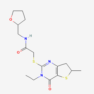 molecular formula C16H23N3O3S2 B2699915 2-[(3-ethyl-6-methyl-4-oxo-6,7-dihydrothieno[3,2-d]pyrimidin-2-yl)sulfanyl]-N-(oxolan-2-ylmethyl)acetamide CAS No. 851409-51-3
