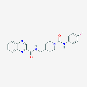 molecular formula C22H22FN5O2 B2699936 N-((1-((4-氟苯基)氨基甲酰)哌啶-4-基)甲基)喹喔啉-2-甲酰胺 CAS No. 1235066-11-1