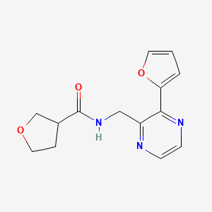 molecular formula C14H15N3O3 B2700002 N-((3-(furan-2-yl)pyrazin-2-yl)methyl)tetrahydrofuran-3-carboxamide CAS No. 2034464-29-2