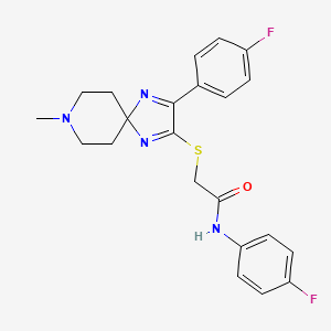 molecular formula C22H22F2N4OS B2700085 N-(4-fluorophenyl)-2-((3-(4-fluorophenyl)-8-methyl-1,4,8-triazaspiro[4.5]deca-1,3-dien-2-yl)thio)acetamide CAS No. 1184968-32-8