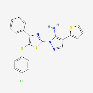 molecular formula C22H15ClN4S3 B2700128 1-{5-[(4-chlorophenyl)sulfanyl]-4-phenyl-1,3-thiazol-2-yl}-4-(2-thienyl)-1H-pyrazol-5-amine CAS No. 956439-02-4
