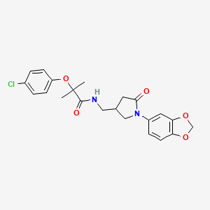 molecular formula C22H23ClN2O5 B2700150 N-((1-(benzo[d][1,3]dioxol-5-yl)-5-oxopyrrolidin-3-yl)methyl)-2-(4-chlorophenoxy)-2-methylpropanamide CAS No. 954677-34-0