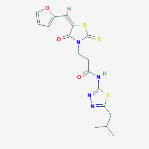 molecular formula C17H18N4O3S3 B2700151 3-[(5E)-5-(furan-2-ylmethylidene)-4-oxo-2-sulfanylidene-1,3-thiazolidin-3-yl]-N-[5-(2-methylpropyl)-1,3,4-thiadiazol-2-yl]propanamide CAS No. 682783-98-8