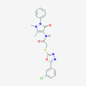 molecular formula C21H18ClN5O3S B270016 2-{[5-(3-chlorophenyl)-1,3,4-oxadiazol-2-yl]sulfanyl}-N-(1,5-dimethyl-3-oxo-2-phenyl-2,3-dihydro-1H-pyrazol-4-yl)acetamide 
