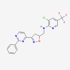 molecular formula C20H15ClF3N5O B2700176 3-chloro-N-{[3-(2-phenyl-4-pyrimidinyl)-4,5-dihydro-5-isoxazolyl]methyl}-5-(trifluoromethyl)-2-pyridinamine CAS No. 344277-17-4