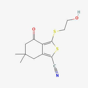 molecular formula C13H15NO2S2 B2700198 3-[(2-hydroxyethyl)thio]-6,6-dimethyl-4-oxo-4,5,6,7-tetrahydrobenzo[c]thiophene-1-carbonitrile CAS No. 207307-49-1