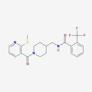 molecular formula C21H22F3N3O2S B2700230 N-((1-(2-(methylthio)nicotinoyl)piperidin-4-yl)methyl)-2-(trifluoromethyl)benzamide CAS No. 1234898-34-0