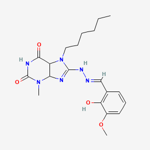 molecular formula C20H26N6O4 B2700248 7-己基-8-[(2E)-2-[(2-羟基-3-甲氧基苯基)甲基亚胺-1-基]-3-甲基-2,3,6,7-四氢-1H-嘌呤-2,6-二酮 CAS No. 378209-74-6