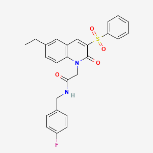 molecular formula C26H23FN2O4S B2700249 2-[3-(benzenesulfonyl)-6-ethyl-2-oxo-1,2-dihydroquinolin-1-yl]-N-[(4-fluorophenyl)methyl]acetamide CAS No. 1115876-63-5