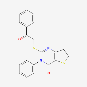 molecular formula C20H16N2O2S2 B2700259 2-Phenacylsulfanyl-3-phenyl-6,7-dihydrothieno[3,2-d]pyrimidin-4-one CAS No. 686771-04-0