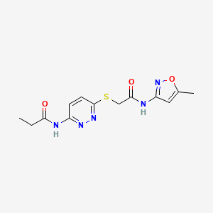 molecular formula C13H15N5O3S B2700266 N-(6-((2-((5-methylisoxazol-3-yl)amino)-2-oxoethyl)thio)pyridazin-3-yl)propionamide CAS No. 1021026-09-4