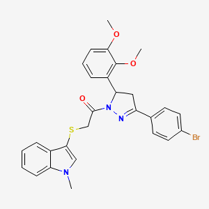 molecular formula C28H26BrN3O3S B2700298 1-(3-(4-bromophenyl)-5-(2,3-dimethoxyphenyl)-4,5-dihydro-1H-pyrazol-1-yl)-2-((1-methyl-1H-indol-3-yl)thio)ethanone CAS No. 681280-18-2