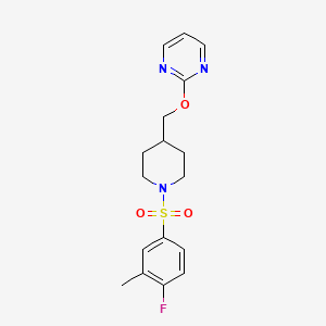 molecular formula C17H20FN3O3S B2700419 2-[[1-(4-Fluoro-3-methylphenyl)sulfonylpiperidin-4-yl]methoxy]pyrimidine CAS No. 2380009-86-7
