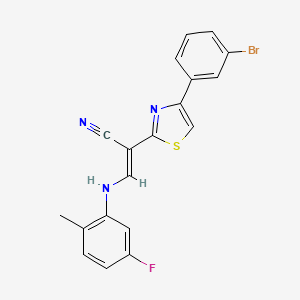 molecular formula C19H13BrFN3S B2700450 (2E)-2-[4-(3-bromophenyl)-1,3-thiazol-2-yl]-3-[(5-fluoro-2-methylphenyl)amino]prop-2-enenitrile CAS No. 477297-91-9