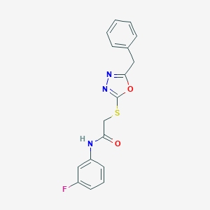 molecular formula C17H14FN3O2S B270052 2-[(5-benzyl-1,3,4-oxadiazol-2-yl)sulfanyl]-N-(3-fluorophenyl)acetamide 