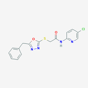molecular formula C16H13ClN4O2S B270053 2-[(5-benzyl-1,3,4-oxadiazol-2-yl)sulfanyl]-N-(5-chloropyridin-2-yl)acetamide 