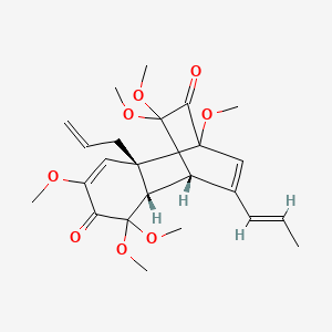 molecular formula C24H32O8 B2700567 (1S,2S,7S)-3,3,5,8,10,10-hexamethoxy-11-[(E)-prop-1-enyl]-7-prop-2-enyltricyclo[6.2.2.02,7]dodeca-5,11-diene-4,9-dione CAS No. 67451-73-4