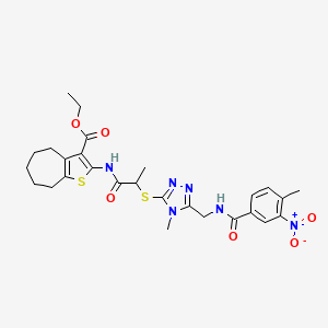 molecular formula C27H32N6O6S2 B2700642 ethyl 2-[2-[[4-methyl-5-[[(4-methyl-3-nitrobenzoyl)amino]methyl]-1,2,4-triazol-3-yl]sulfanyl]propanoylamino]-5,6,7,8-tetrahydro-4H-cyclohepta[b]thiophene-3-carboxylate CAS No. 393815-13-9
