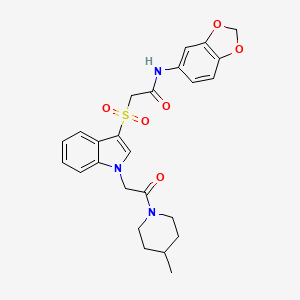 molecular formula C25H27N3O6S B2700657 N-(苯并[d][1,3]二噁杂环-5-基)-2-((1-(2-(4-甲基哌啶-1-基)-2-氧代乙基)-1H-吲哚-3-基)磺酰)乙酰胺 CAS No. 878059-91-7