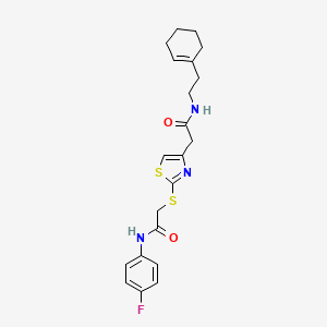 molecular formula C21H24FN3O2S2 B2700762 N-(2-(环己-1-烯-1-基)乙基)-2-(2-((2-((4-氟苯基)氨基)-2-氧代乙基)硫)噻唑-4-基)乙酰胺 CAS No. 942000-92-2