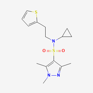 molecular formula C15H21N3O2S2 B2700770 N-环丙基-1,3,5-三甲基-N-(2-(噻吩-2-基)乙基)-1H-吡唑-4-磺酰胺 CAS No. 1448133-55-8