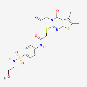 molecular formula C21H24N4O5S3 B2700814 2-((3-烯丙基-5,6-二甲基-4-氧代-3,4-二氢噻吩[2,3-d]嘧啶-2-基)硫)-N-(4-(N-(2-羟乙基)磺酰)苯基)乙酰胺 CAS No. 637326-94-4