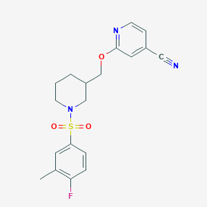 molecular formula C19H20FN3O3S B2700871 2-[[1-(4-Fluoro-3-methylphenyl)sulfonylpiperidin-3-yl]methoxy]pyridine-4-carbonitrile CAS No. 2379988-98-2