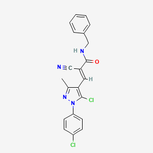 molecular formula C21H16Cl2N4O B2700939 (E)-N-benzyl-3-[5-chloro-1-(4-chlorophenyl)-3-methylpyrazol-4-yl]-2-cyanoprop-2-enamide CAS No. 477524-09-7