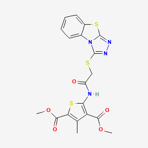 molecular formula C19H16N4O5S3 B2701081 2,4-Dimethyl 3-methyl-5-(2-{7-thia-2,4,5-triazatricyclo[6.4.0.0^{2,6}]dodeca-1(8),3,5,9,11-pentaen-3-ylsulfanyl}acetamido)thiophene-2,4-dicarboxylate CAS No. 379247-84-4